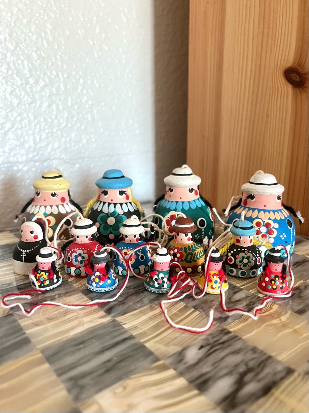 Vintage Figural Bells Clay Pottery Mexican Folk Art (Set of 14) Mexico